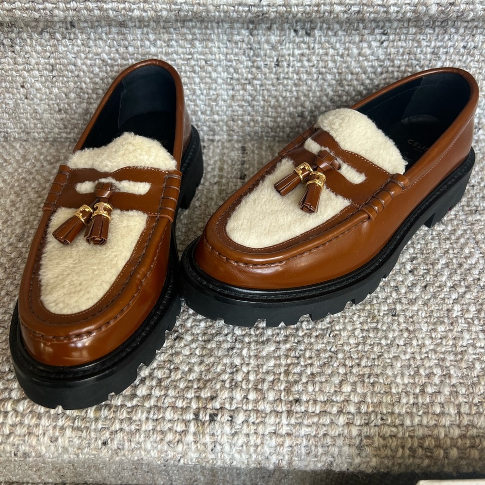 Celine Margaret Triomphe Tan Leather Shearling Loafers with Tassel 38